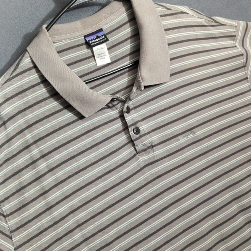 Patagonia Shirt Men's XXL Gray Striped Polo Short Sleeve Organic Cotton